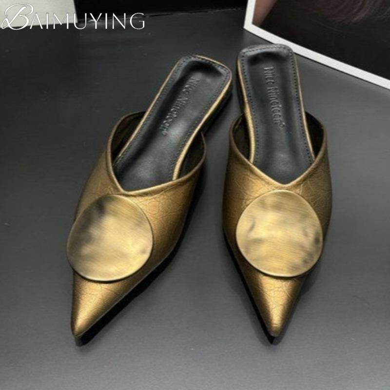 Fashion Pointed Toe Slippers Women Sandals Mules Shoes Low Heels Sexy Luxury 2025 Trend Flip Flops Summer Slides Metal Dress Casual Shoe