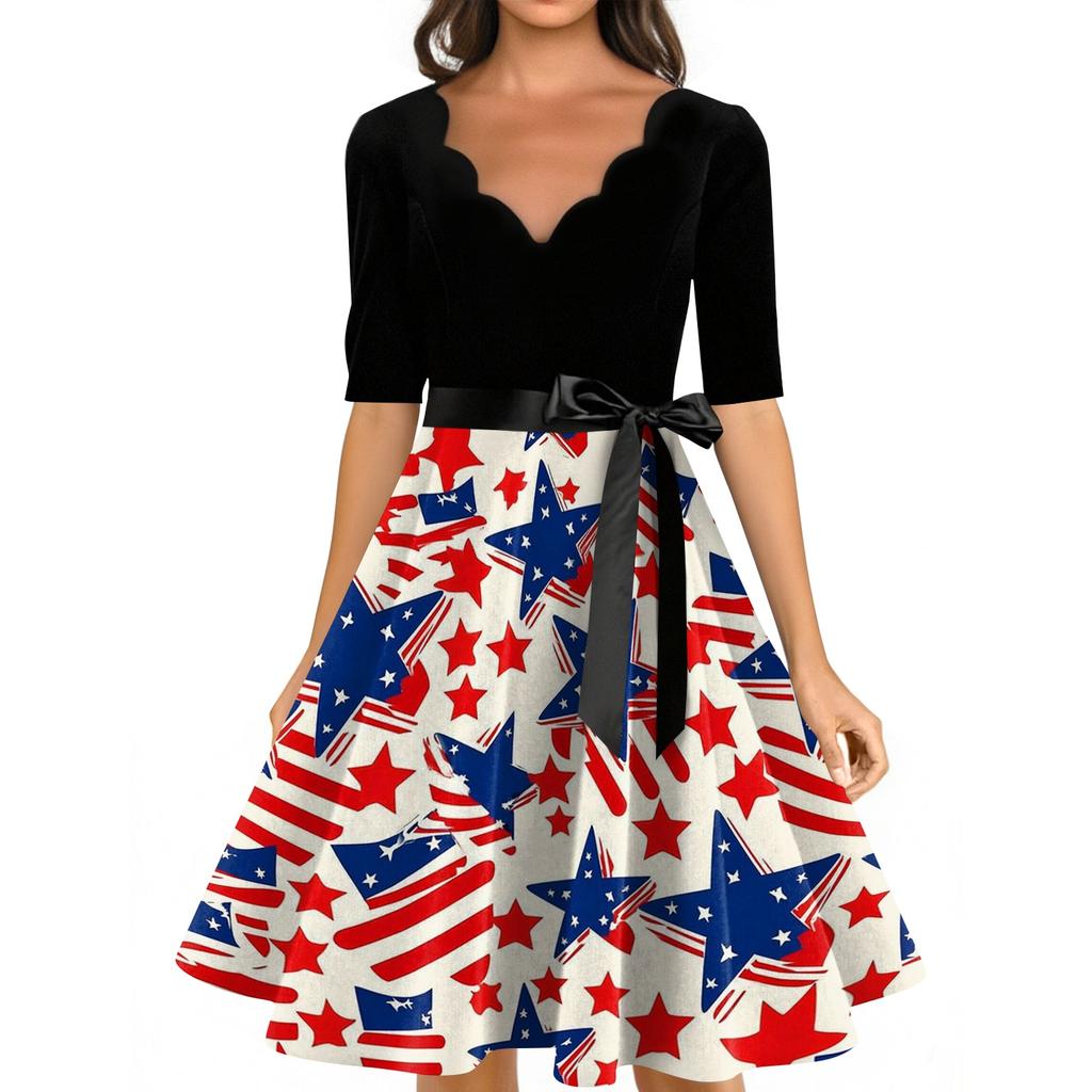 Women’s Vintage Scalloped Neck Half Sleeve Fit and Flare Dress with Star and Firework Print A Line Midi Skirt Tie Waist