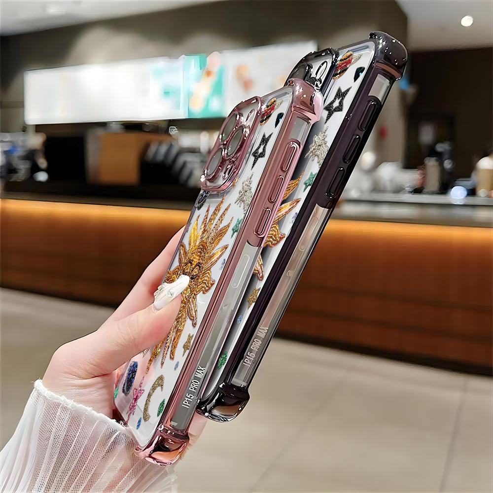 Retro Sun Star Pattern Electroplate AntiDrop Phone Case For iPhone 16 Pro Max 15 14 Plus 13 12 11 17 Air 16E Transparent Cover