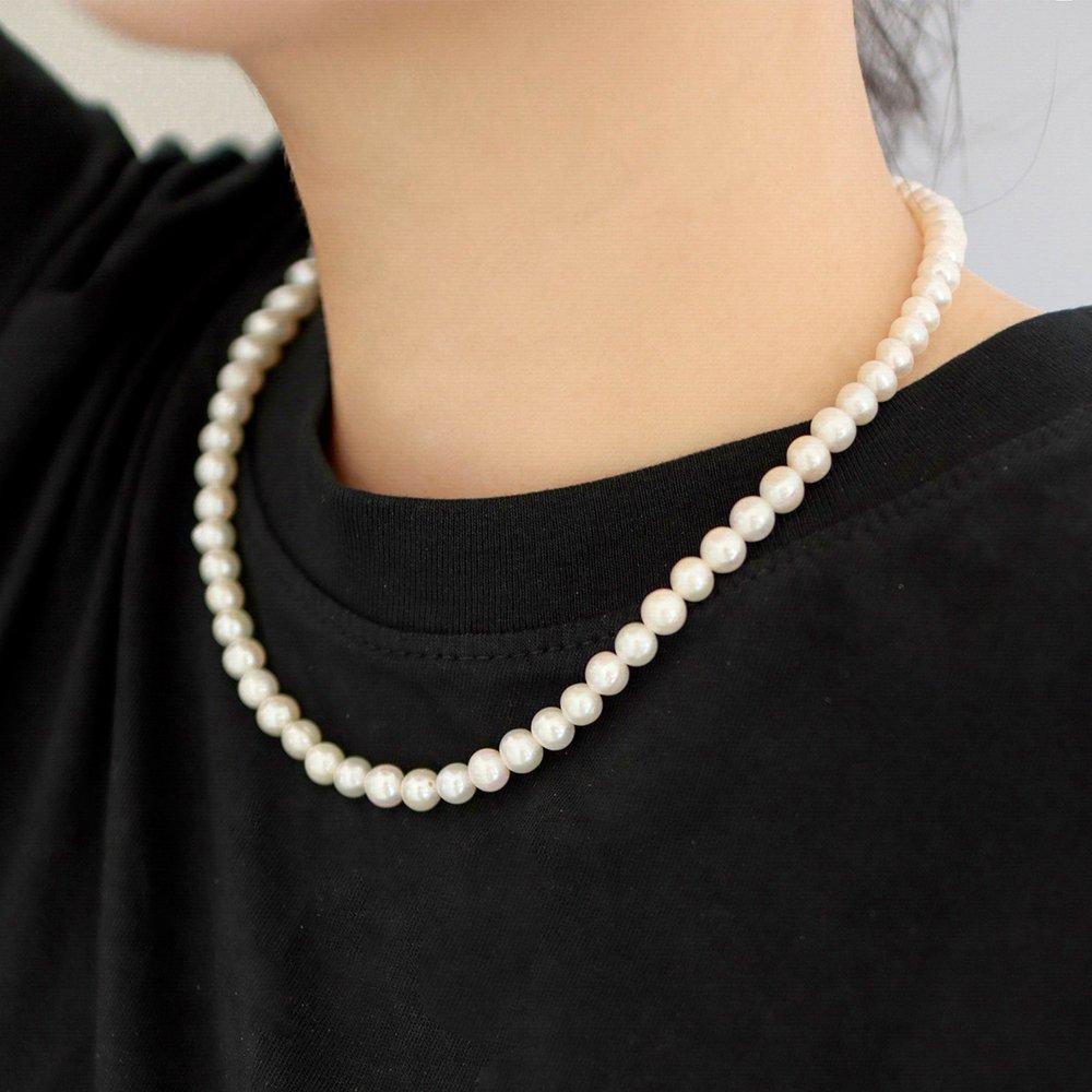 [Modernlike] Silver 925 Vintage Layered Natural Freshwater Pearl Necklace 6mm 42cm