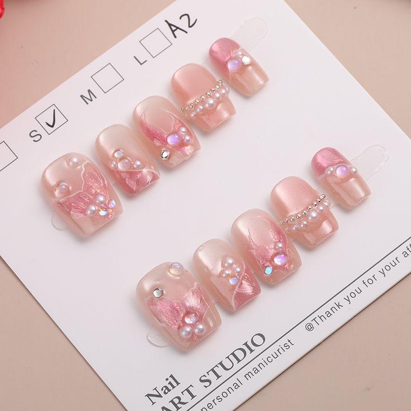 10 Pcs 3D Stereoscopic Mermaid Handmade Press On Nails Short Cat Eye Pearl French Nail Art Tips