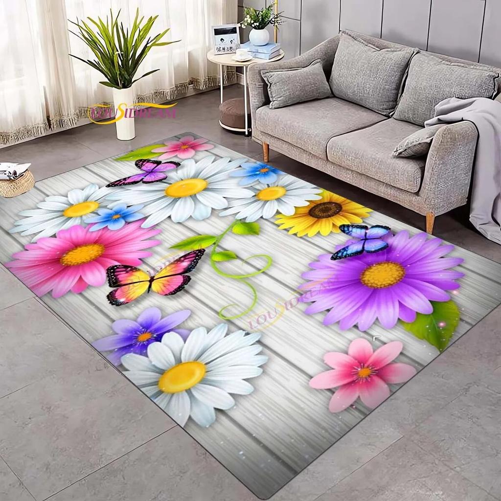 Koberec 3D Daisy Flowers Butterflies Velkoplošné koberce Barevný Butterfly Sunflower Koberec do obývacího pokoje Ložnice Herna Domácí dekorace