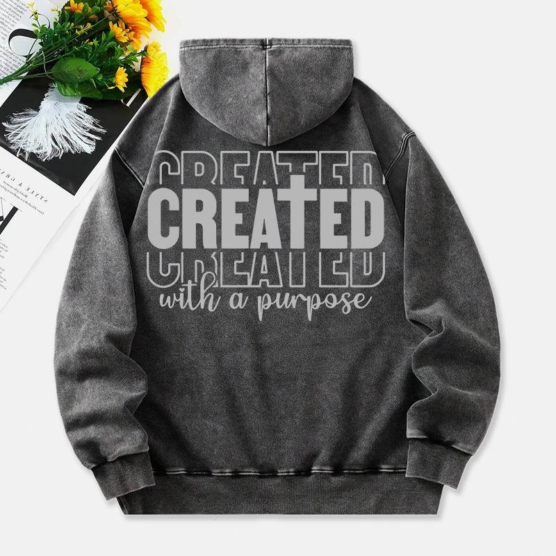 Created With A Purpose Washed Hoodies Women Letter Prints Cotton Streetwears Pocket Oversize Warm Hooded Clothes