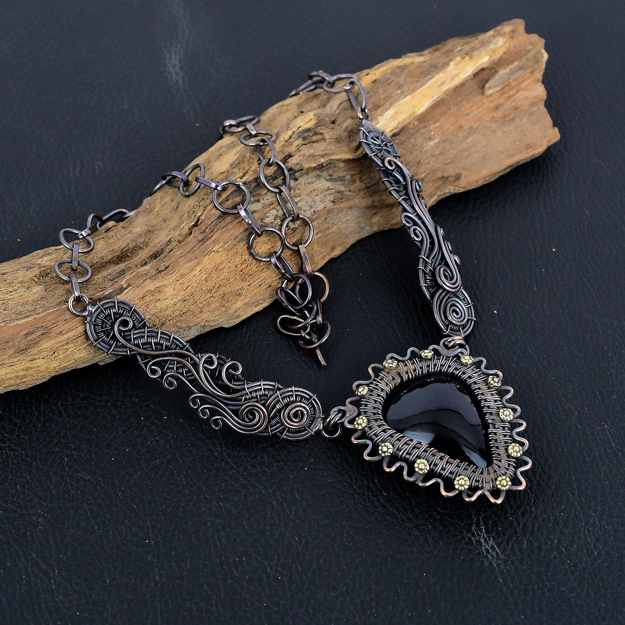 

Black Onyx 999 Copper Wire Wrapped Necklace Adjustable, Chain Necklace Handmade Gemstone, Gift For Mom Antique Jewelry
