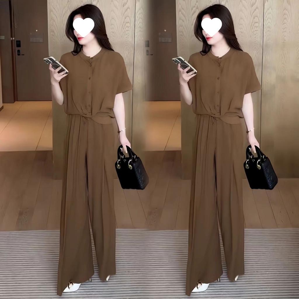 Fashionable Women's Summer Stylish Loose-fitting Slimming and Belly-covering Short-sleeved Wide-leg Pants Set