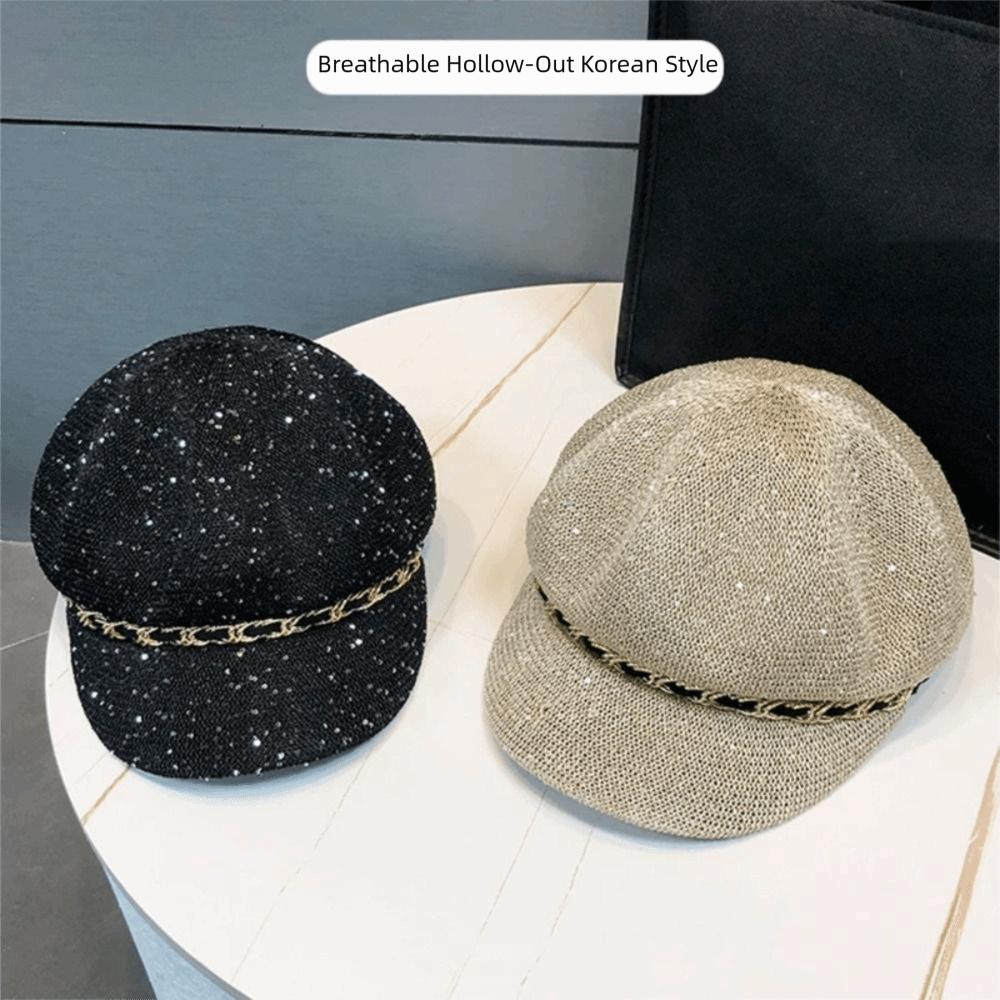 Leather Buckle Hollow Octagonal Hat Sun Protection Peaked Cap Breathable Hat  Spring Summer