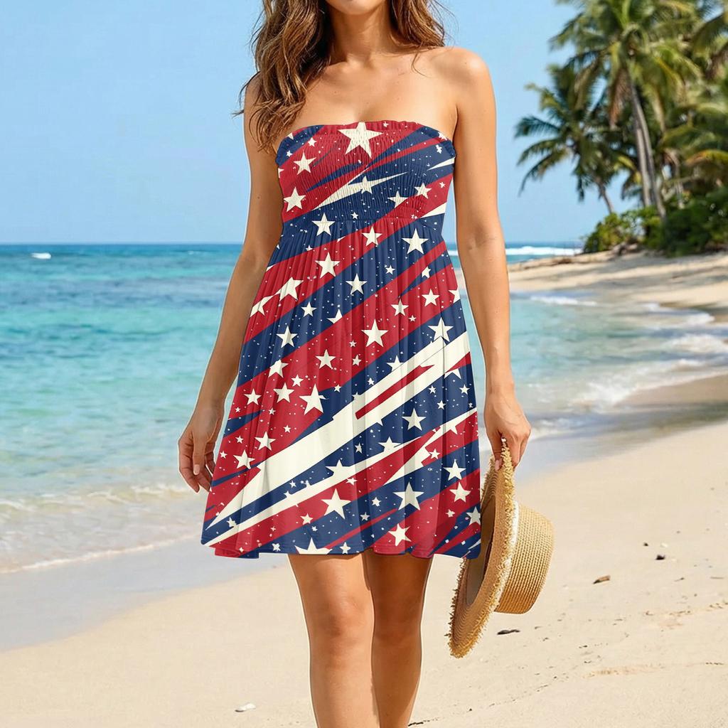 Women Casual Strapless Dress Sleeveless Summer Dress with Star and Stripe Print Lightweight Comfortable Fit for Daily Wear