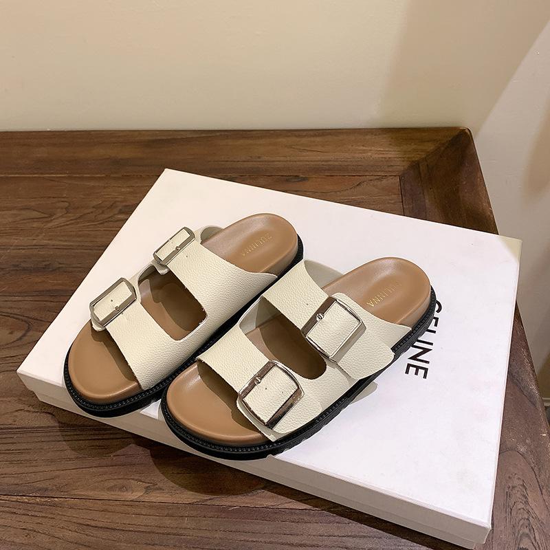 Summer New Flat Bottom One Word with Square Buckle Thick Bottom Beach Cool Slippers Women