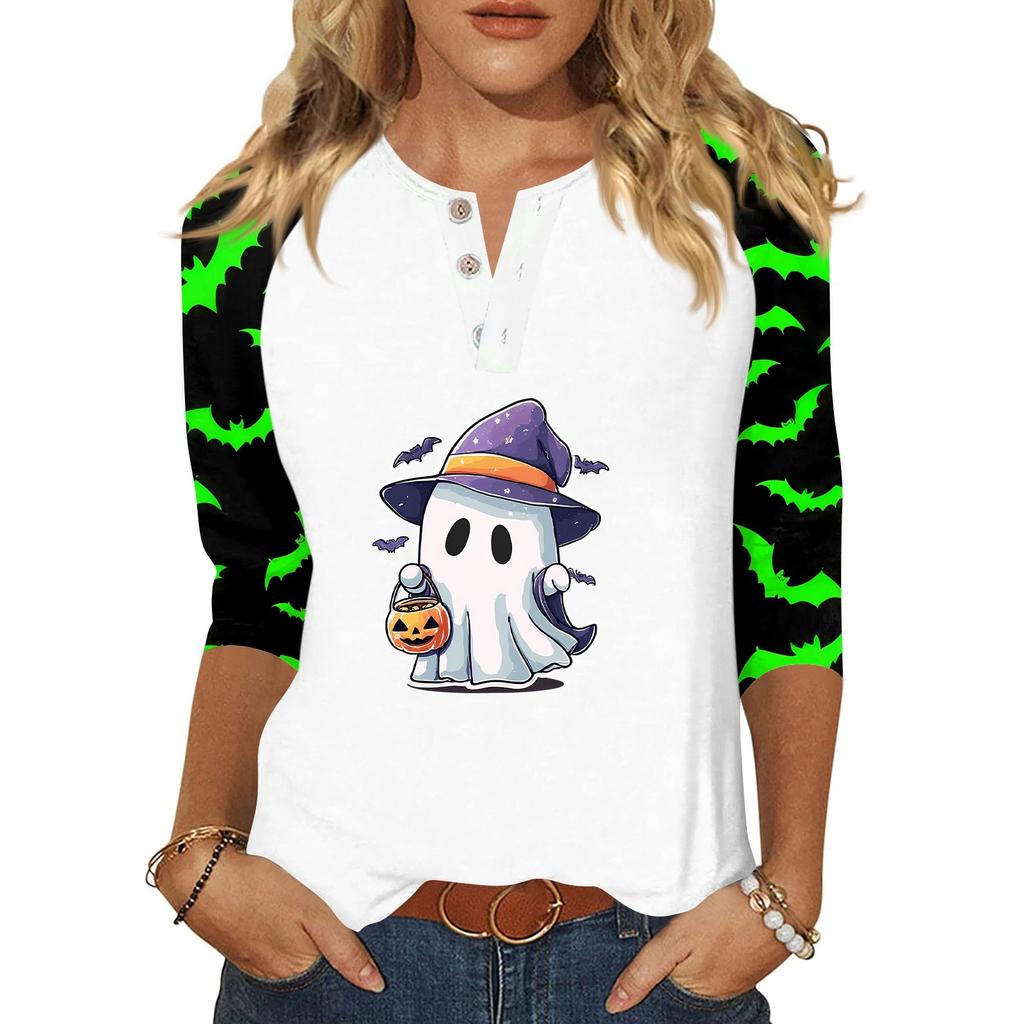 Dames T-shirt Halloween Print Knopen 3/4 Mouw Dagelijks Weekend Mode Basic V-Hals Normaal Topje