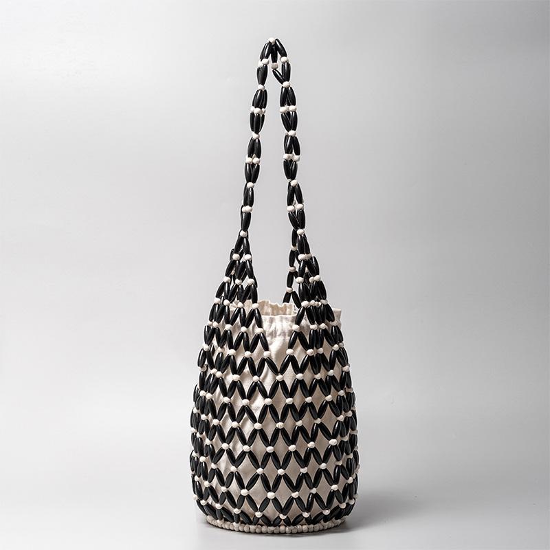 Summer Handmade Beaded Shoulder Bag Hollow-out Wooden Bead Tote French Hand-held Woven Bag Bucket Bag Reticulate Netted Handbags
