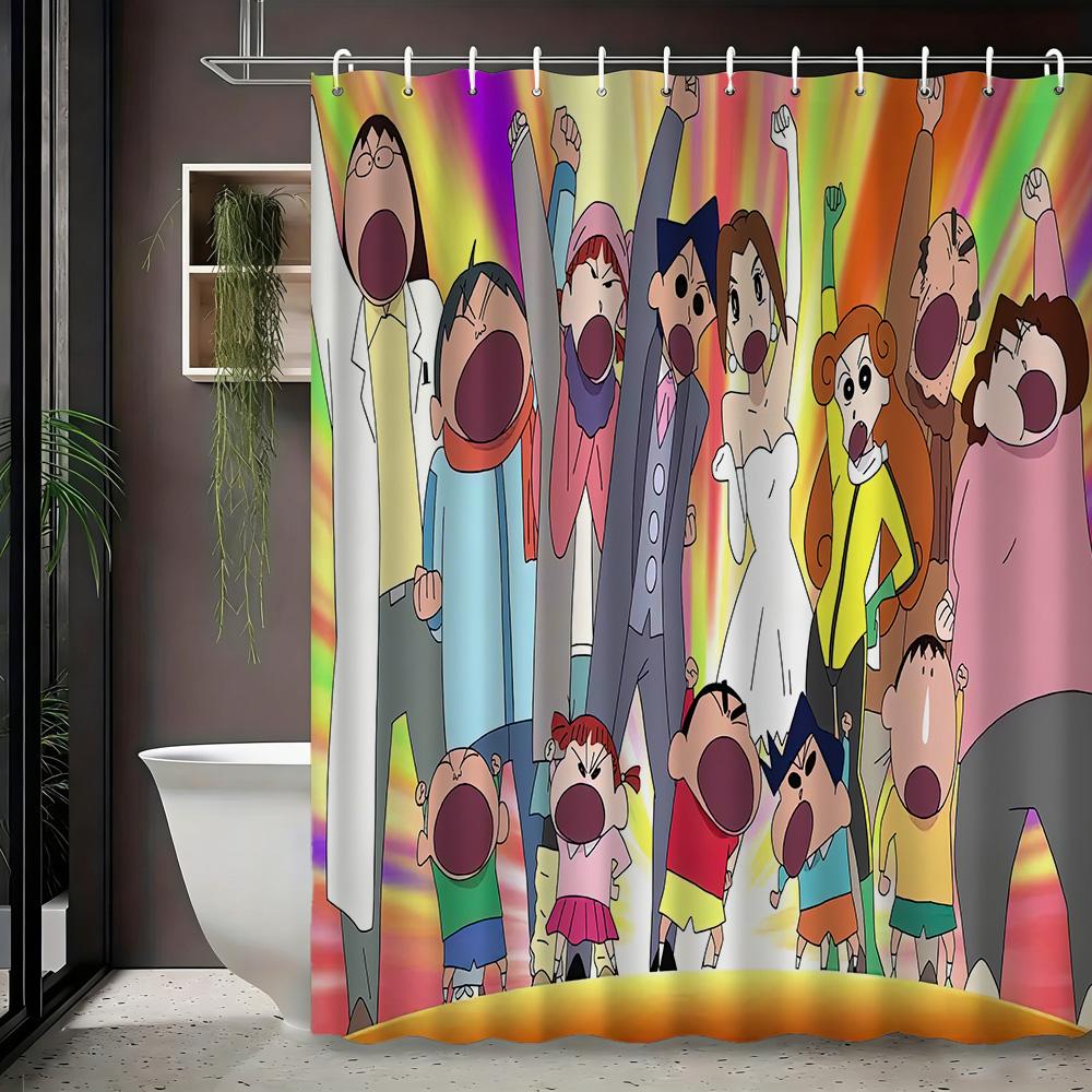 Crayon Shin-Chan & Friends School Uniform & Robot Statue Scene 2D Print Waterproof Shower Curtain, Blue & Yellow Bathroom Decor
