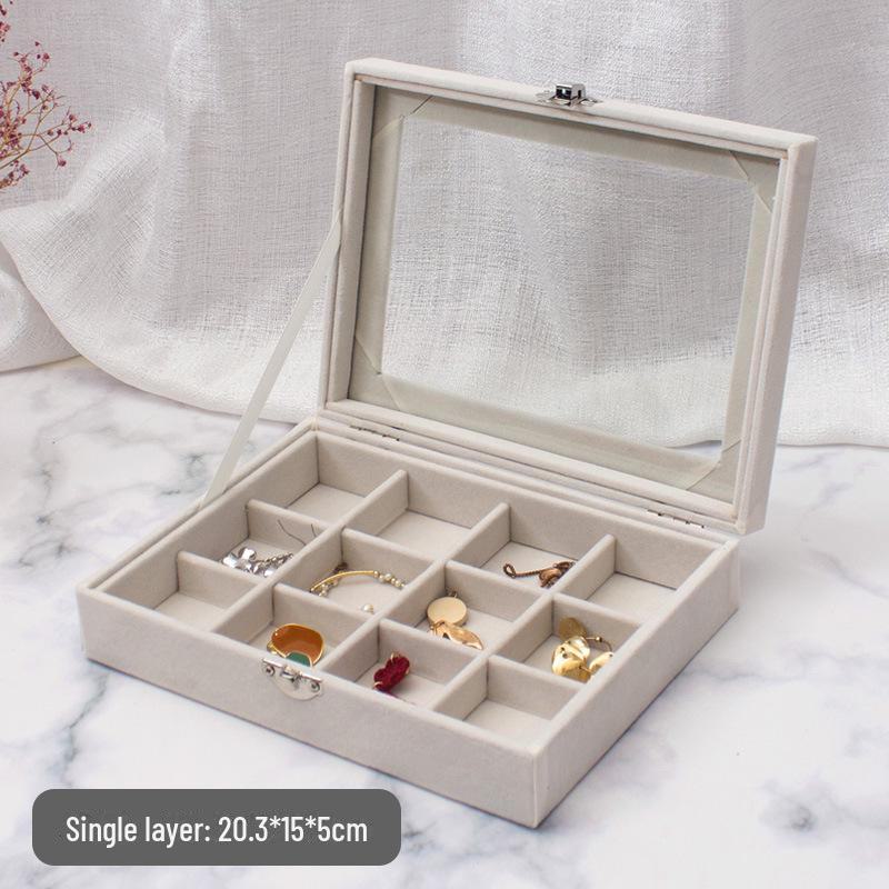 Pink Flocked Portable Jewelry Box with Lid - 316-Grit Dustproof Glass Ring & Earring Display