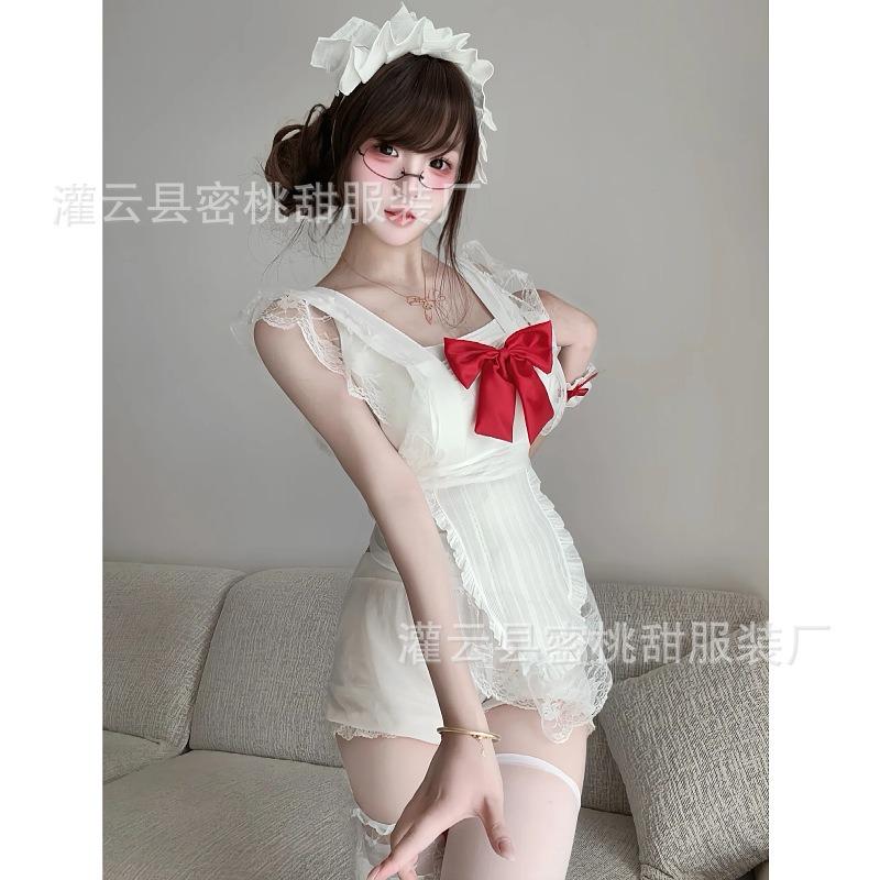 Sexy Lingerie Sexy Bow See-through Apron Little Maid Uniform Hot Halter Ruffle Skirt Pajamas