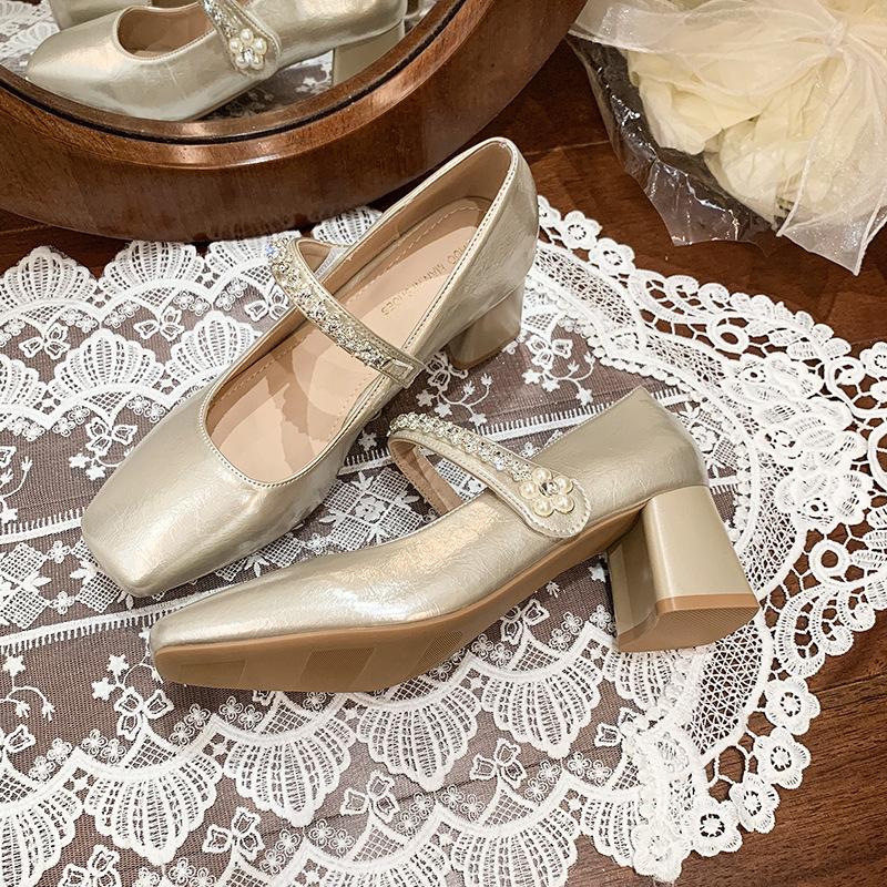 

Faux leather high heels women s summer new fashion rhinestone Mary Jane shallow mouth square head thick heel temperament word Velcro shoes 40 шампанського