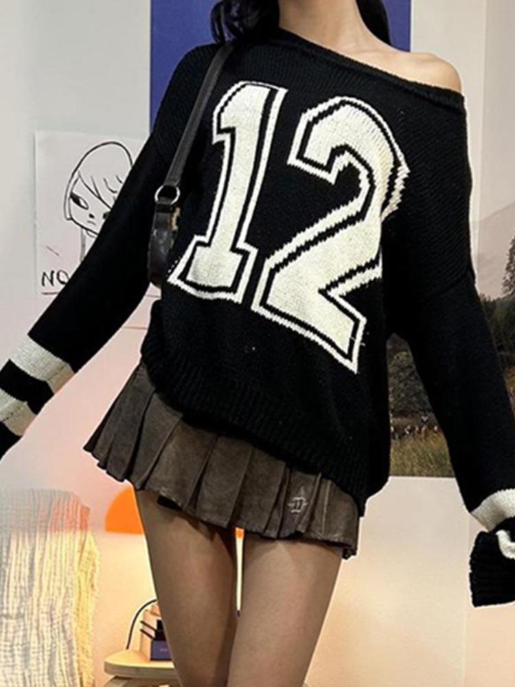 

AltGoth Эстетический уличный свитер для женщин в торговом центре, готический, Y2k, E-girl, Harajuku, узор с цифрами, длинный рукав, вязаный свитер для женщин S чёрный