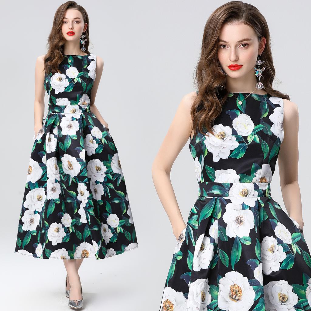 Summer Women Fashion European Style Elegant Sleeveless Print Long Maxi Tank Party Dresses