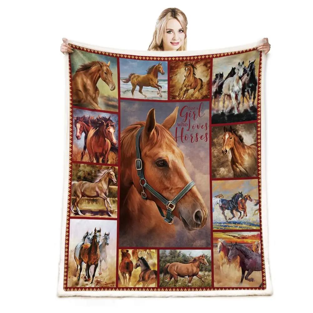 Girls Horse Blanket Beautiful Animal Horse with Wreath Throw Blanket, Ultra Soft Warm Sofa Bedding Living Room Flannel Blankets