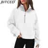 BITCED Autumn/Winter Women's Half-Zip Short-Sleeved Stand Collar Fleece-Lined Solid Colour Sweatshirt