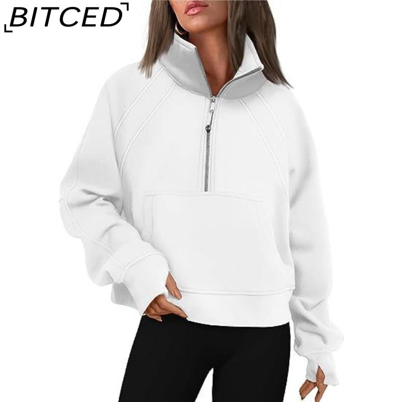 BITCED Autumn/Winter Women's Half-Zip Short-Sleeved Stand Collar Fleece-Lined Solid Colour Sweatshirt