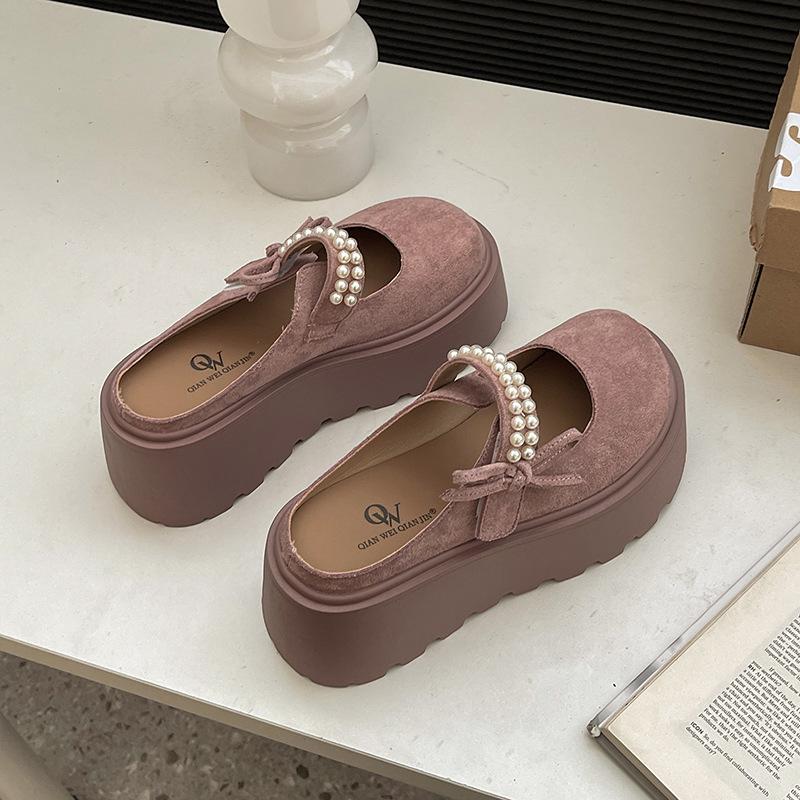 

Ретро милый бант жемчужный толстый низ увеличивающий тапочки Мэри Джейн женские весенние новые нескользящие кекс мешок головка швабры 35 розовый