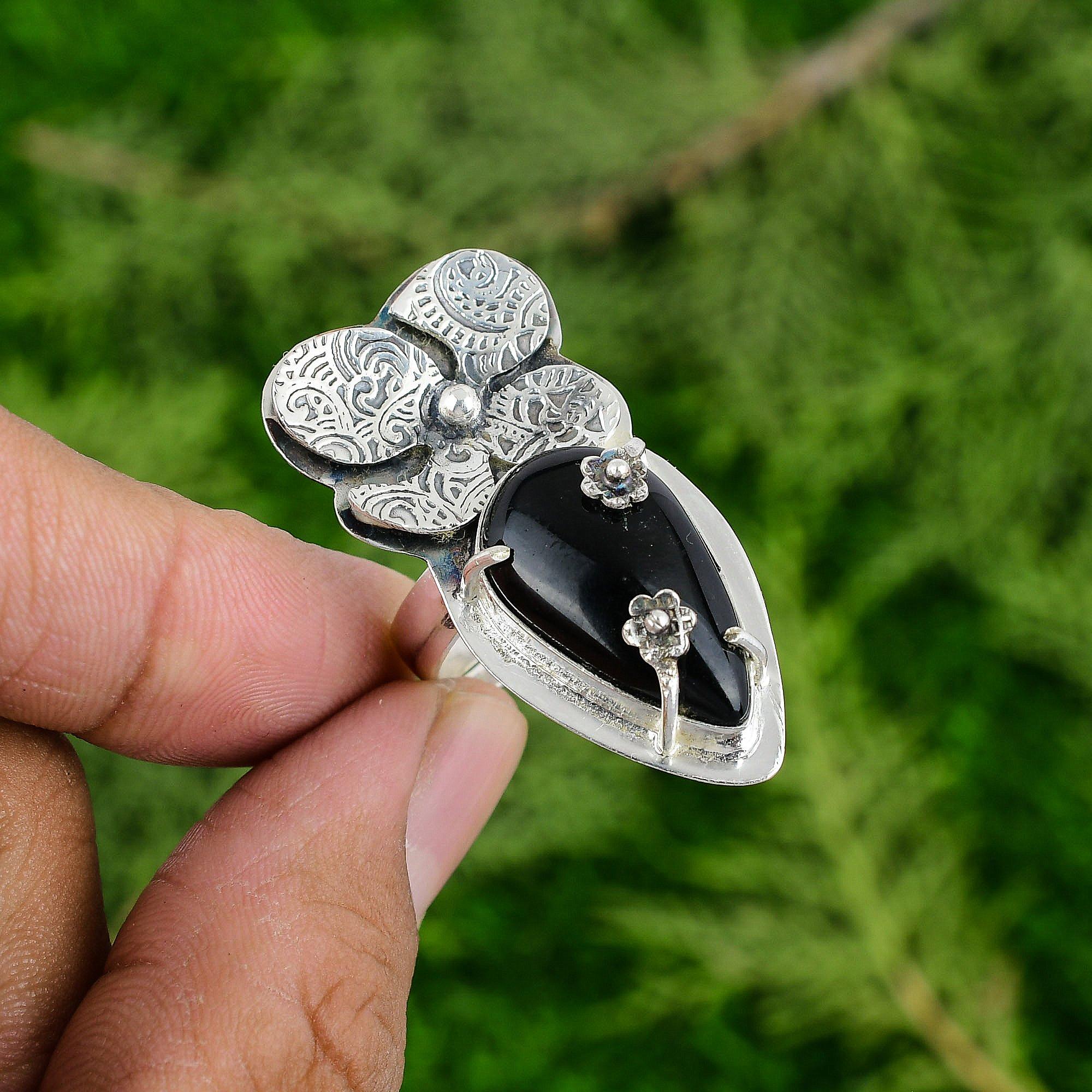 

Корневая чакра Черный оникс Драгоценный камень Модное кольцо-цветок с безелем для жены Ювелирные изделия 925 серебро Adjustable