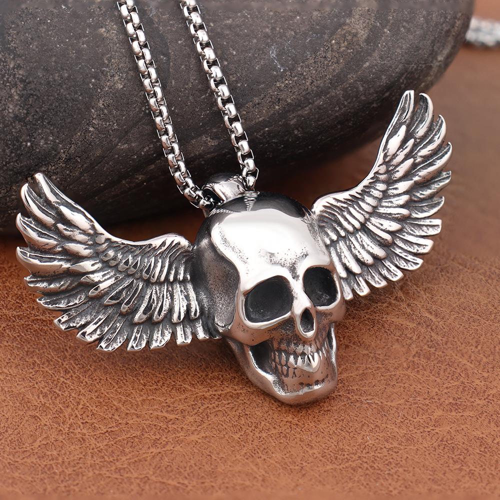 Fallen Angel Skull Pendant Necklace Men's Stainless Steel Gothic Biker Jewelry Adjustable Chain Gift Halloween Party Accessories