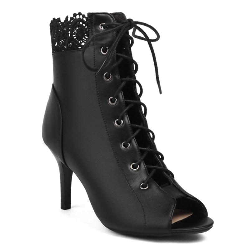 Women's Ankle Boots 2025 Summer Shoes Black White Fashion High Heels Peep toe Short Jazz Dance Boots Ladies Lace-up