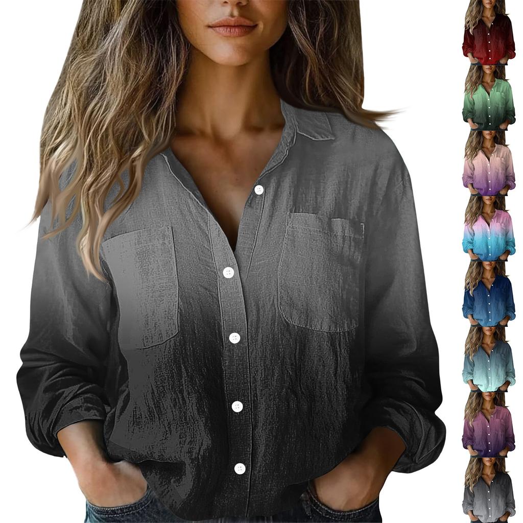Women's Fashion Button Lapel Pocket Casual Shirt Gradient Long Sleeve Top