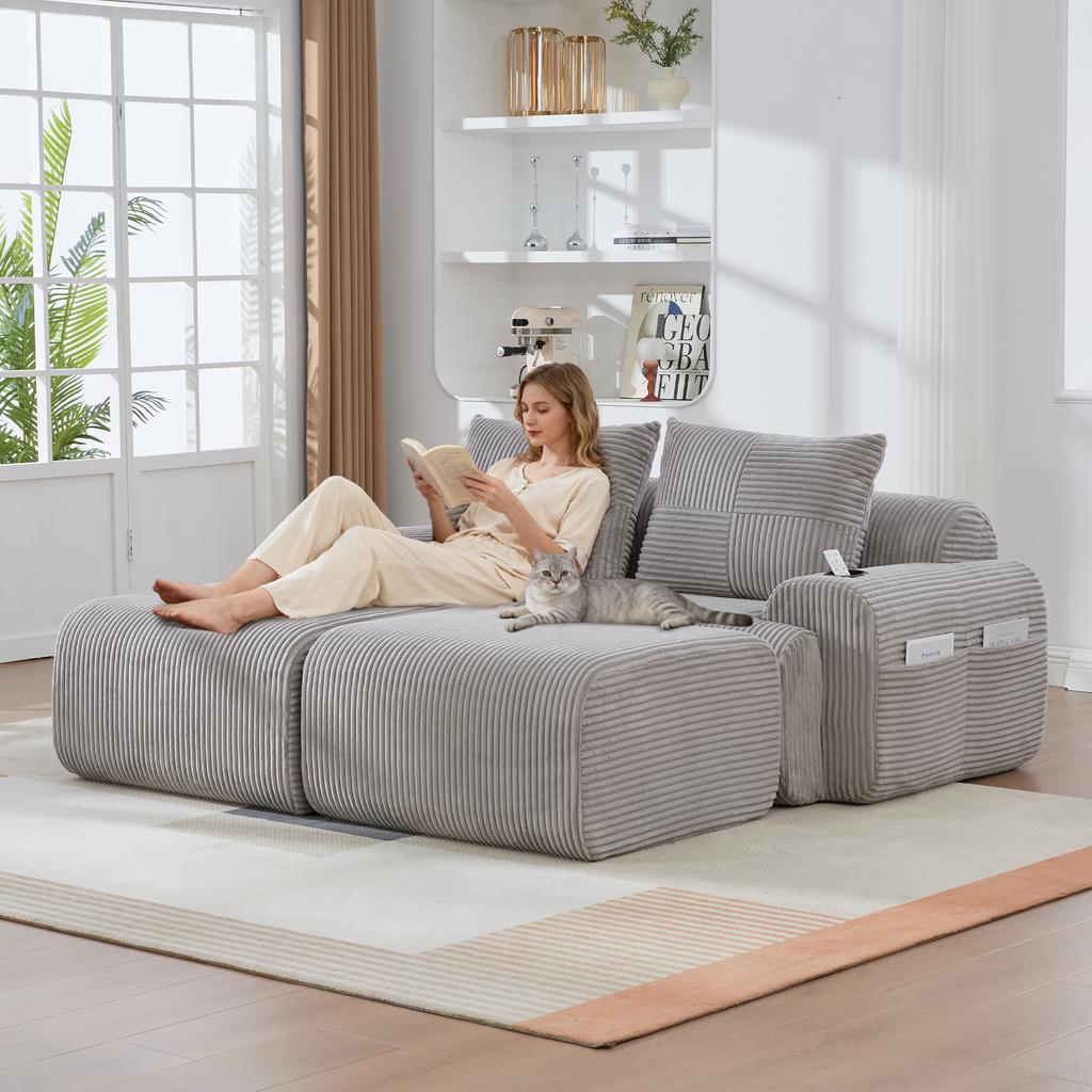 Modular Corduroy Sofa for 2 People (with 2 Stools), Including Drink Holder and Side Storage Bag, Ideal for Living Room, Family Room. Khaki. Light Grey