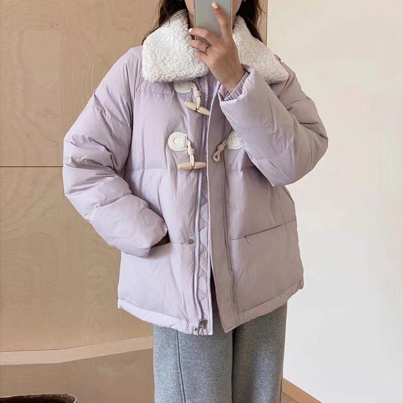 Fashionable and Warm Women's Short Coat with Horn Buttons and Lamb Wool for Winter