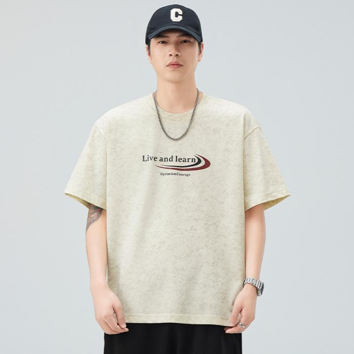 Updated Summer Printed Relaxed Fit Five-quarter Sleeve T-shirt Mens Everyday Short-sleeved T-shirt Japanese Vintage Style M