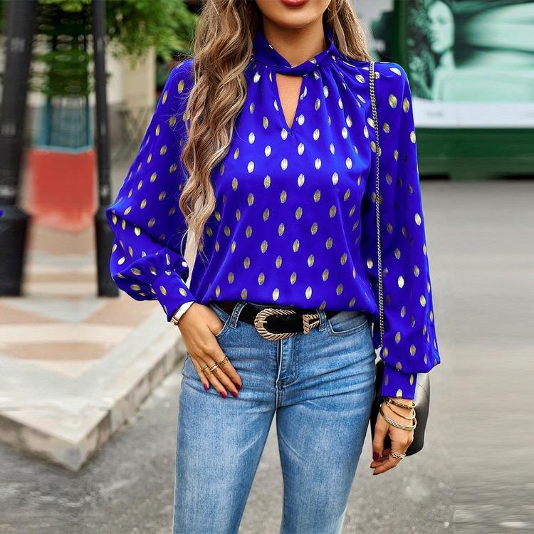 Women's Loose Hollow Out Blouse Long Sleeve O Neck Top Autumn Winter Printed Commuter Casual Tops