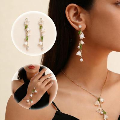 2026 Fashionable Women'S Jewelry : Lily Of The Valley & Pearl Green Ear-Cuff Bracelet And Long Earrings