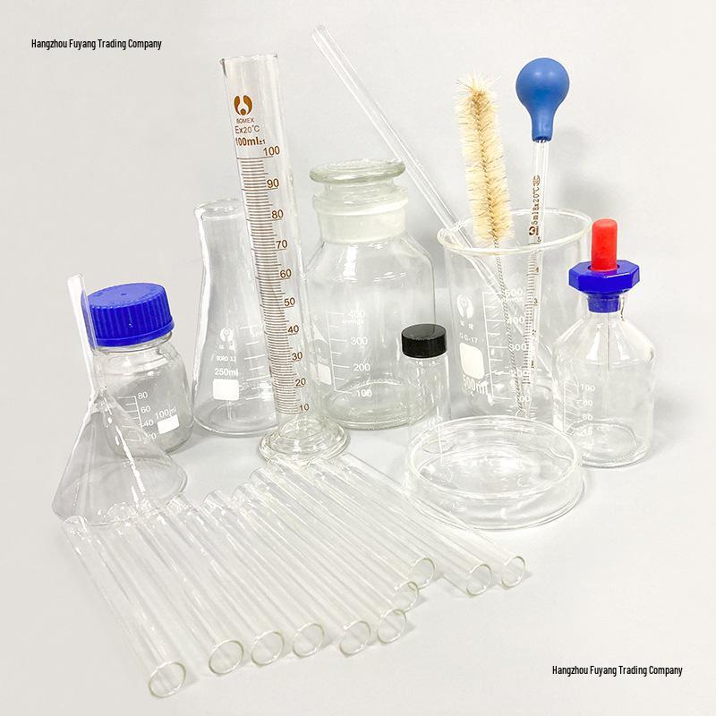 Zestaw szklanej kolby stożkowej z gumową główką, zlewką, zakraplaczem i probówką (50 szt)