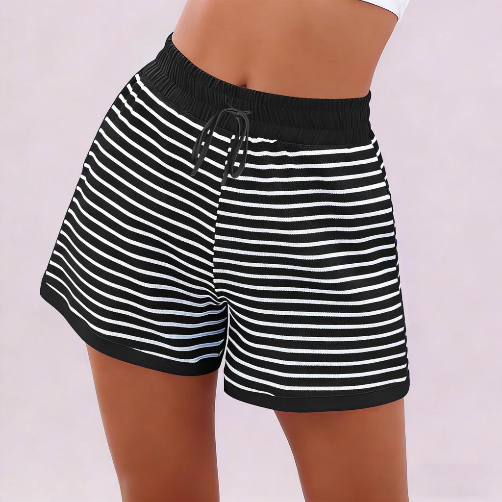 Women's Fashionable Relaxed-fit Striped Shorts With An Elasticated Waist Drawstring And Pockets
