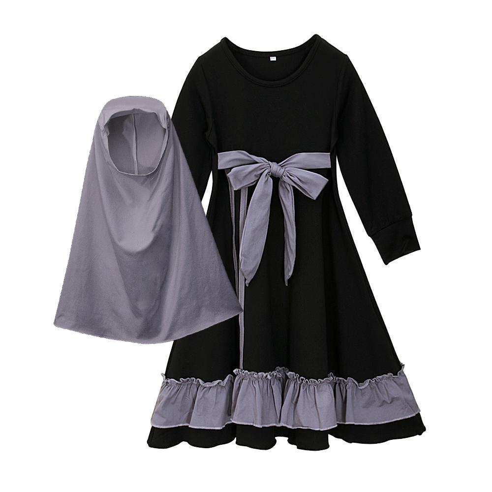 Islamic Muslim Baby Kids Girls Mixed Colors Bowknot Pleated Abaya with Hijab for 1-10 Years