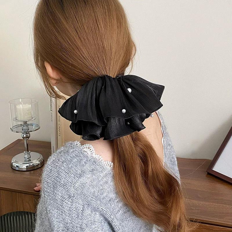 3pcs French Style Silk Nail Bead Large Intestine Hair Ring High End Fluffy Pleated Headband with Gentle and Versatile Hair Tie