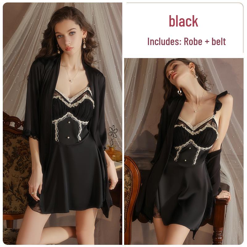 Plus Size Backless Ice Silk Push-Up Camisole Nightgown Robe Set