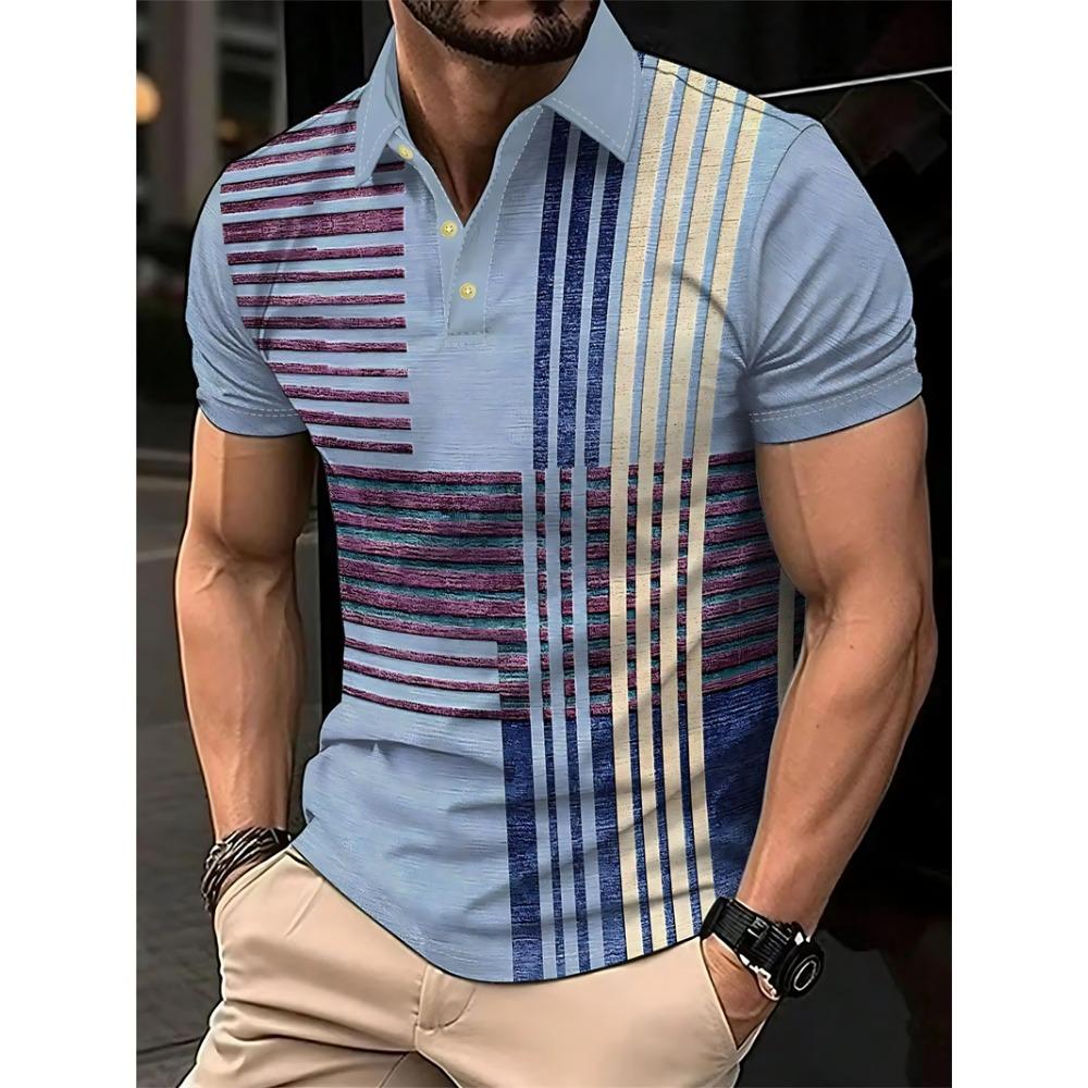 Simple Striped Polo Shirts For Men Summer Casual Short Sleeve 3D Printed Business Polo Shirt Loose Breathable Daily Wear Tees