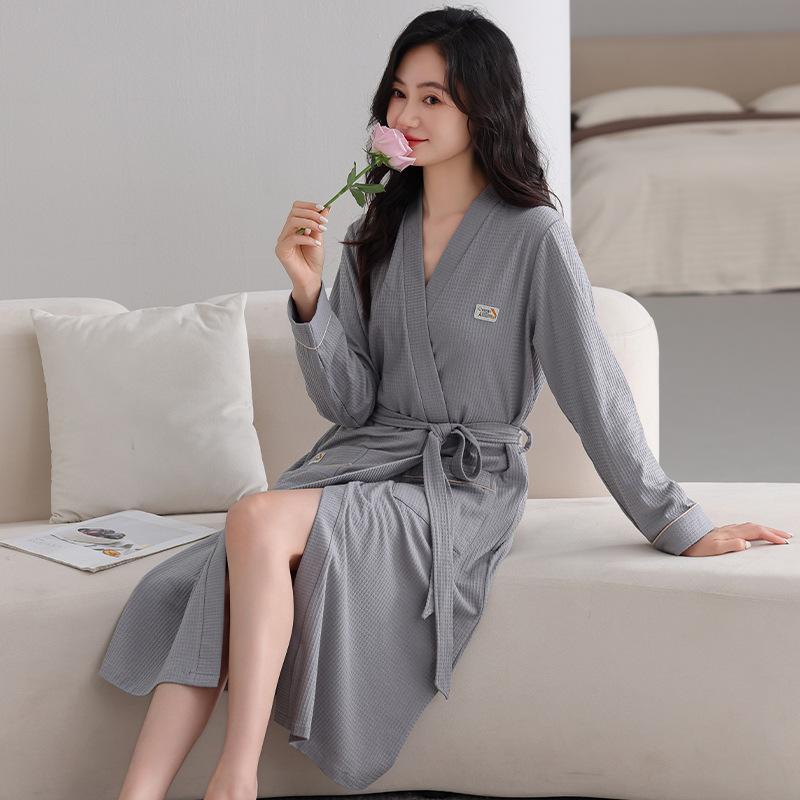 Nightgown Women'S Spring And Autumn Cotton Long-Sleeved Simple Casual Bathrobe Women'S Medium And Long Pajamas Loungewear