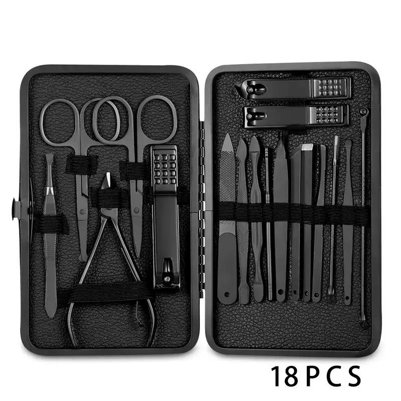 18-Piece Black Stainless Steel Nail Care Set: Clippers, Tweezers, Cuticle Nipper & Manicure Tools.