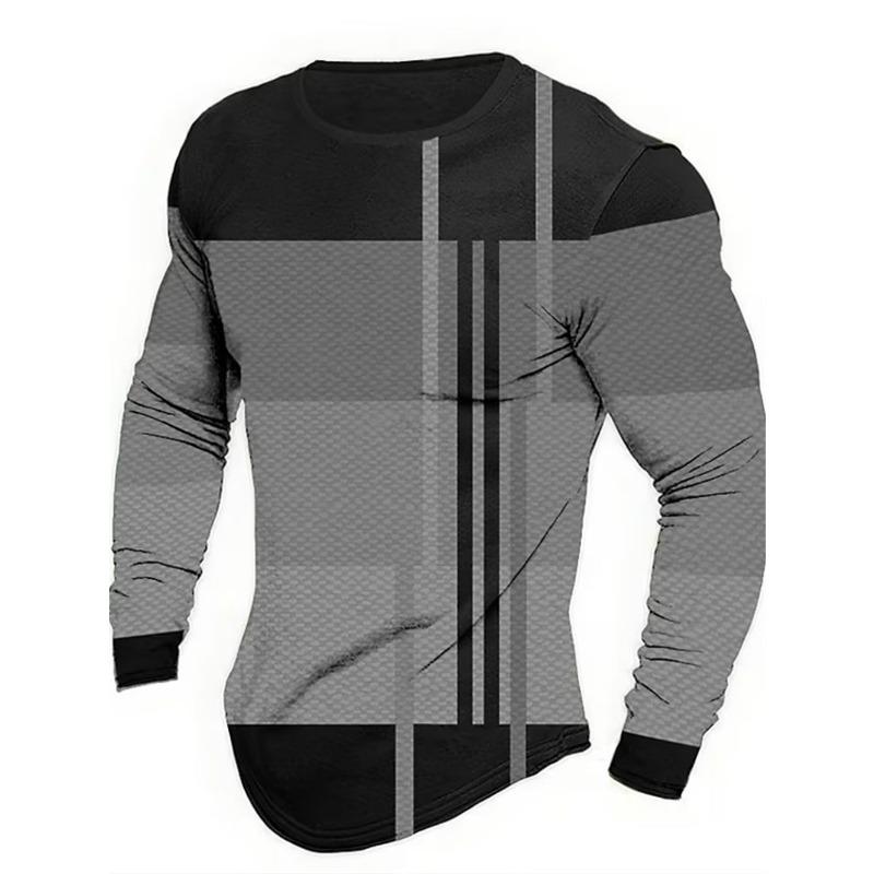 Long Sleeved Round Neck T Shirt Spring/Autumn Color Block Striped Retro Men's 3D Printed T-shirt Pattern Outdoor Daily Vacation