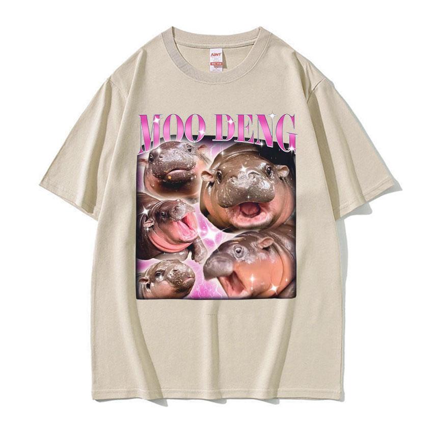 Cute Moo Deng Baby Hippo Funny Meme T Shirts Men Women Casual Cotton Short Sleeve Tshirt Vintage Hip Hop Streetwear Tshirt Tops
