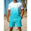 Heren Digitale Print 2-delige Set, Heren Ronde Hals Korte Mouw T-shirt en Korte Broek Outfit