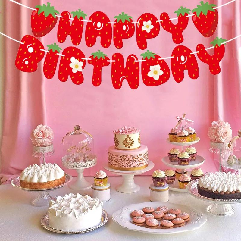 Strawberry Banner Happy Birthday Theme Cake Table Party Boy Girl Party Decoration Supplies Baby Shower Decoration Pull Flag