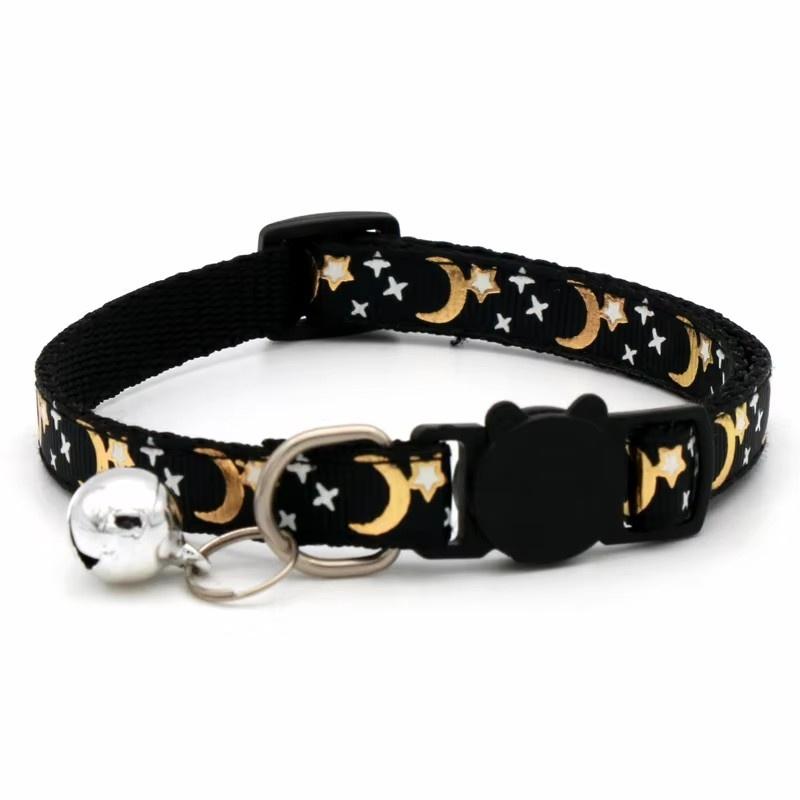 1 Stuks Kattenhalsband met Bel Cartoon Ster Maan Hond Puppy Kat Kittens Halsband Verstelbare Veiligheidsbel Rinkelende Ketting Kat Sieraden (black,Adjust 19-32cm)