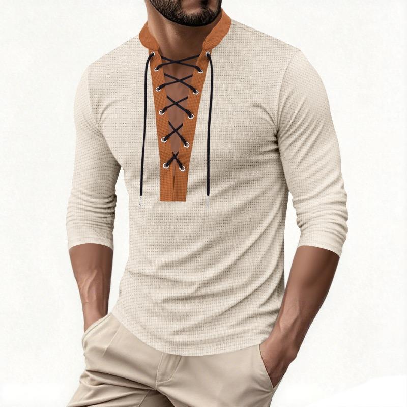 Herren Neuer Herbst Waffel-Pullover Langarm Colorblock Seil Stehkragen Trendiges T-Shirt Top