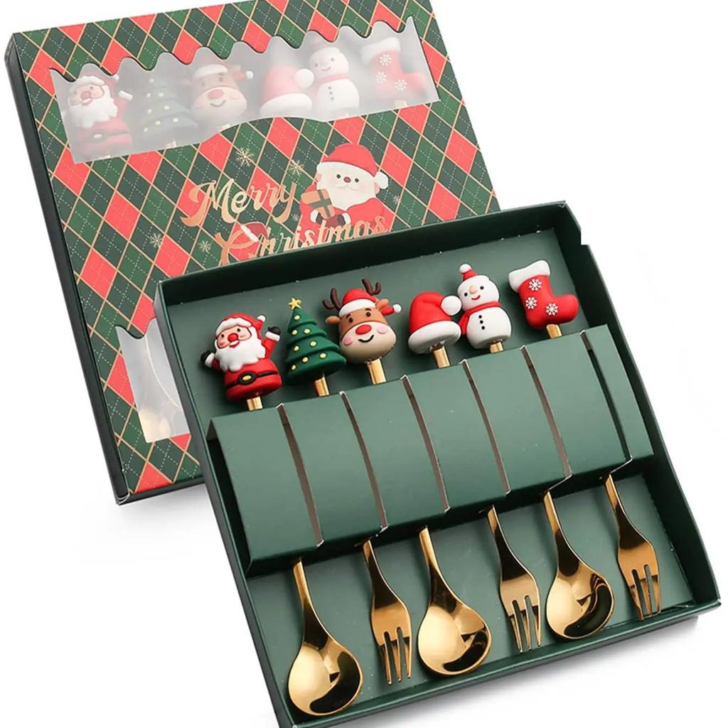 Leeseph Weihnachts-Kaffeelöffel-Gabel-Set (4/6 Stück), Edelstahllöffel Gabeln Weihnachtsgeschenke für Kinder(Rot/Grünes Geschenkbox-Set)