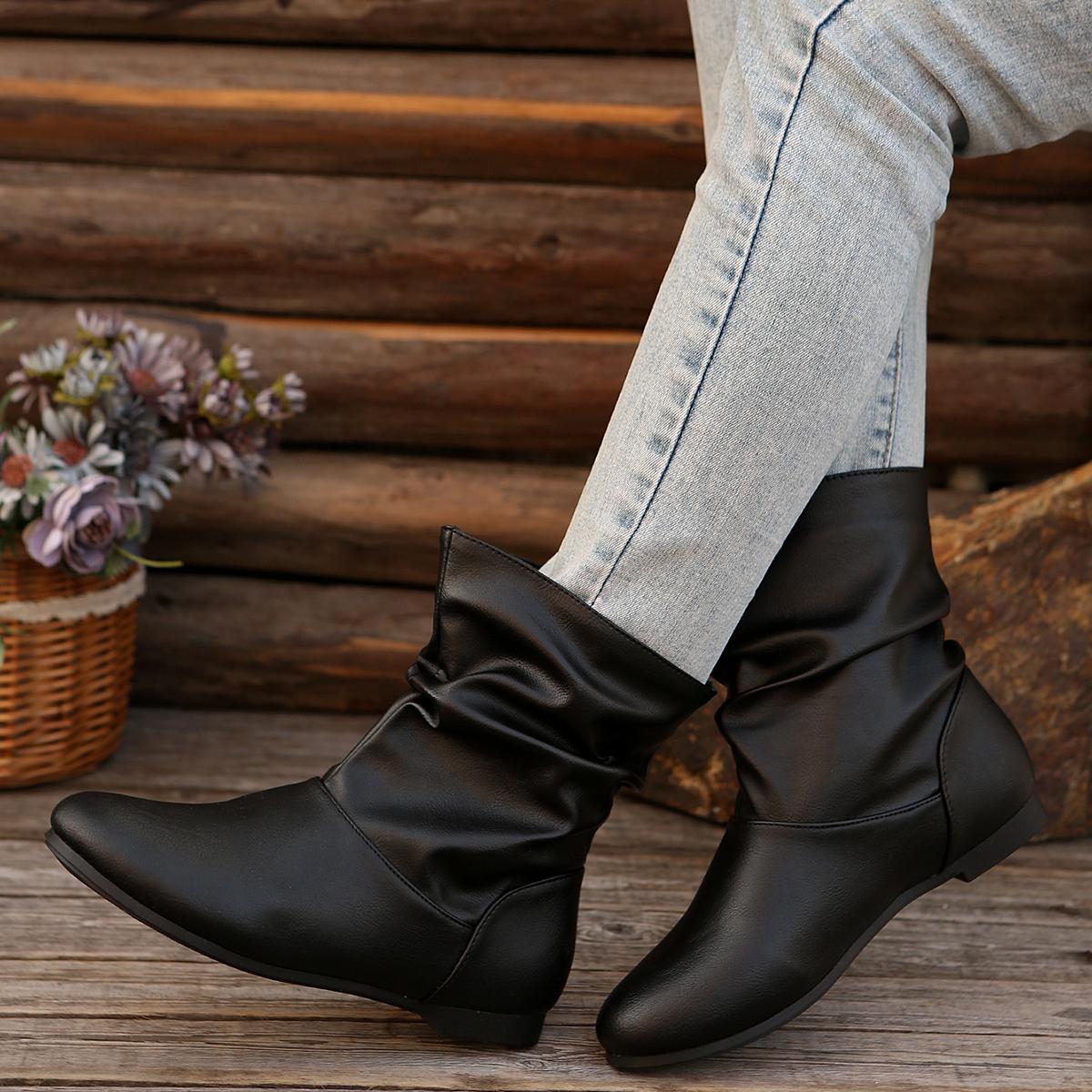

Fashion Pleated Design Slip-on Western Boots Woman Autumn Brown Black Pu Leather Ankle Booties Ladies Casual Round Toe Flat Botas 36