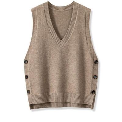 Women's Vintage V-Neck Knitting Vest Side Split Button Sleeveless Sweater Autumn Winter Solid Color Casual Waistcoat